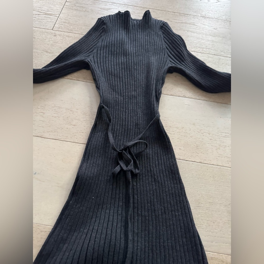 Quince Cotton Cashmere Ribbed Long Sleeve Crew Midi Dress charcoal Heather XL - Picture 9 of 10